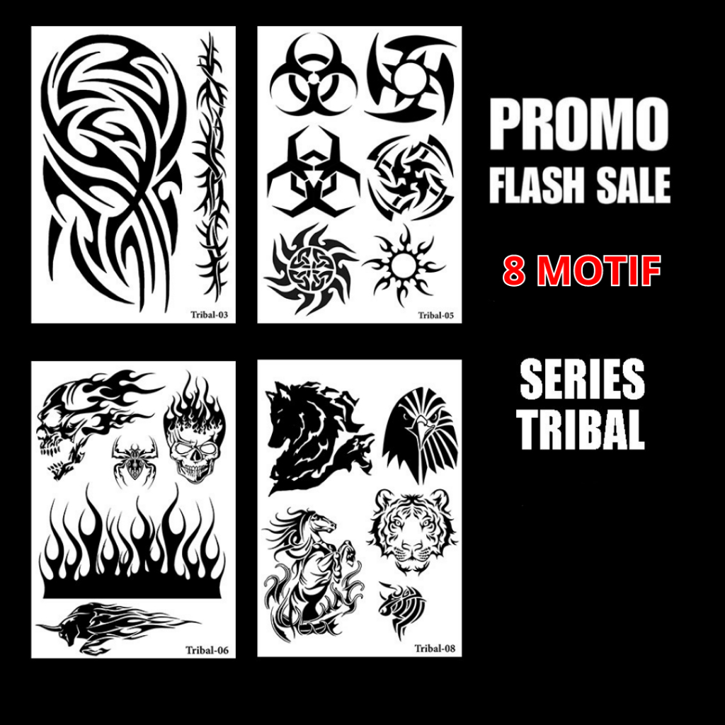 TATOMANIA- GROSIR 8 lembar Stiker tato temporer semi permanen anti air seri TRIBAL