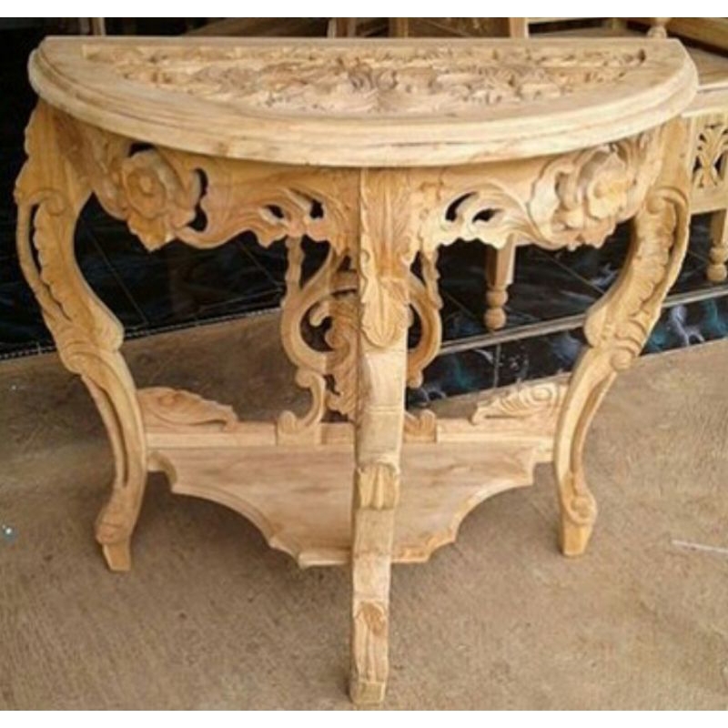 meja setengah lingkaran ukiran kayu jati