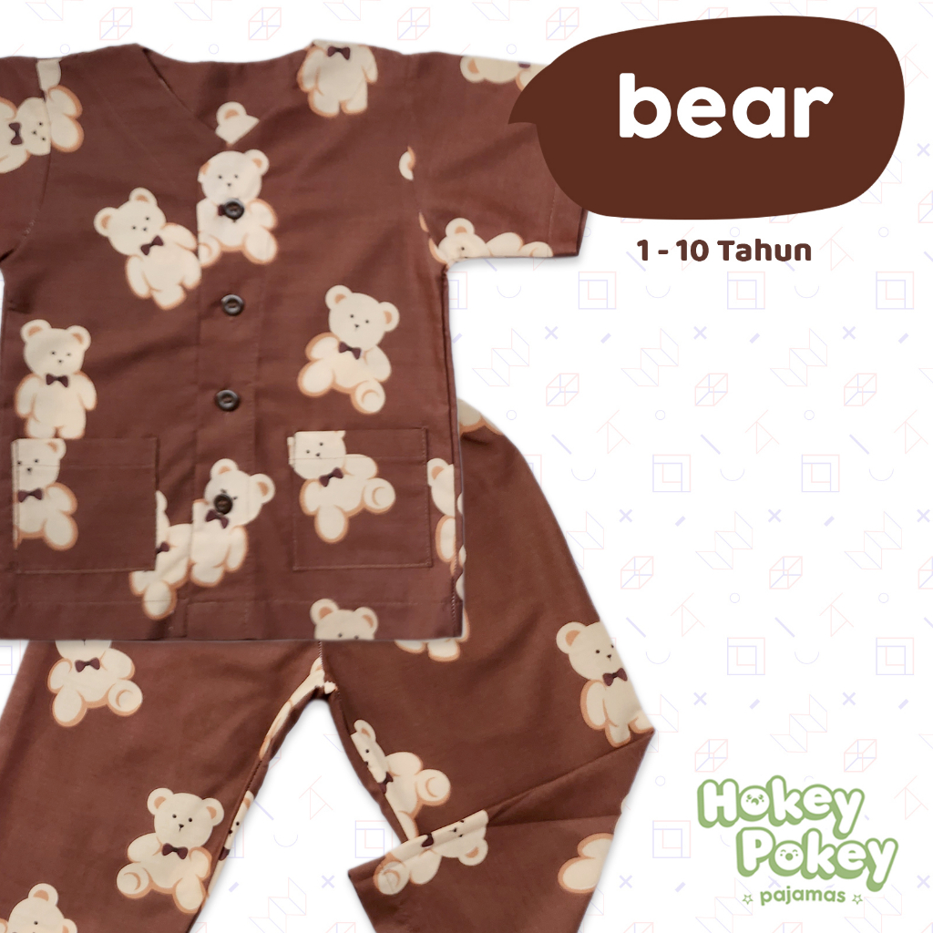 Setelan Baju Tidur Piyama Anak Tanpa Kerah Motif Bear Coklat