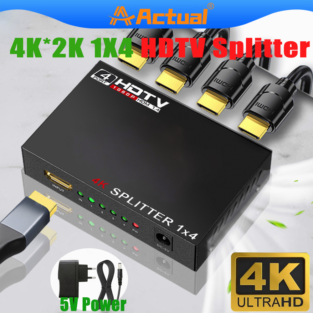 Actual✨Splitter 4 Port Hub Full Video 1X4 HD Spliter Split 1 In 4 Out Repeater Amplifier V1.4 3D 1080P