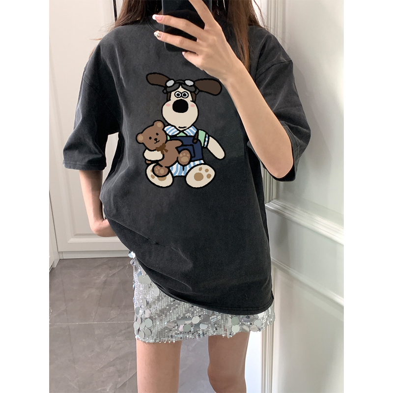 EUNII T-shirt Lengan Pendek Black Washed Cartoon Snoopy Printing Korean Style/Kaos Atasan Wanita/Baju Wanita/Kaos Wanita