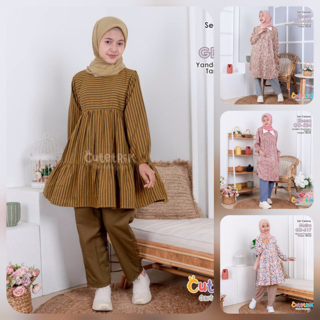 Setelan Celana Shesa Cutetrik GD540 GD534 Set celana Ully GD624 anak terbaru Baju muslim anak usia 6