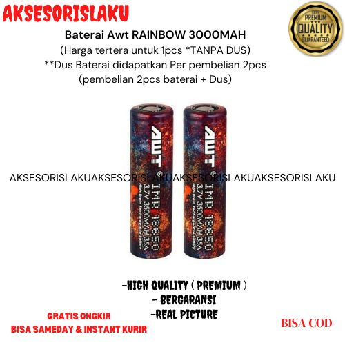 Baterai Vapee Awt Rainbow IMR 18650 3000 mAh Harga Satuan