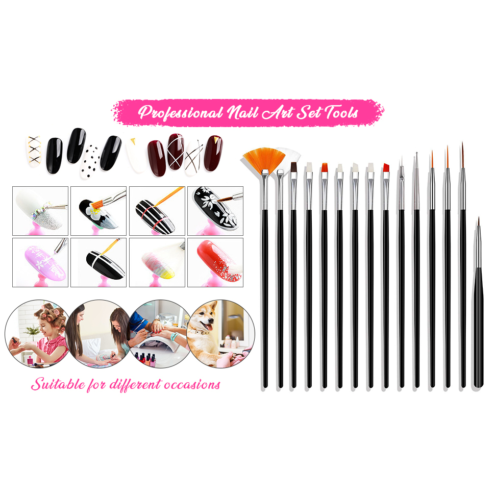 MAANGE 15pcs Nail Art Brush Set, Double Ended Fine Nail Liner Brush Dotting Pen Painting Tools for Salon at Home DIY Manicure Cake Painting Brushes 1349