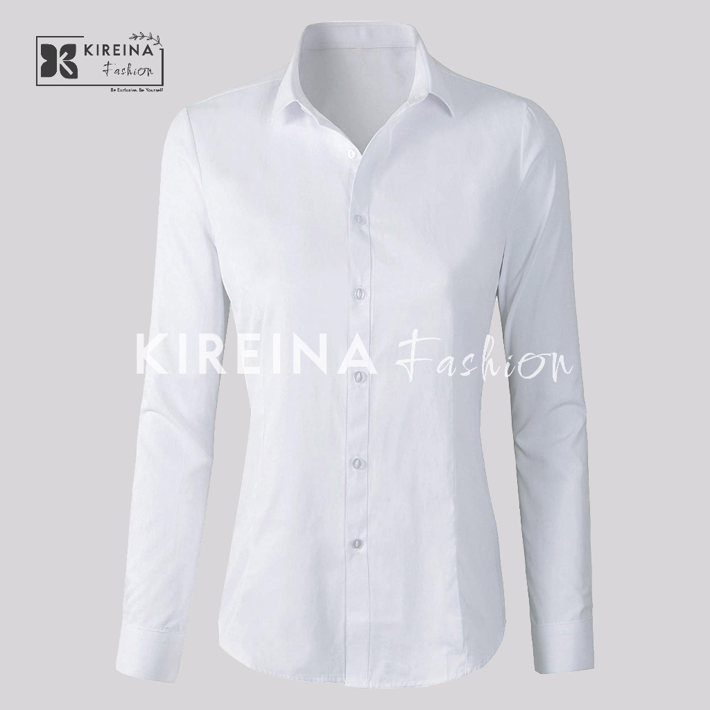 Baju Kemeja Putih Wanita Lengan Panjang Formal Hem Cewek Polos Bahan Melar - KIREINA