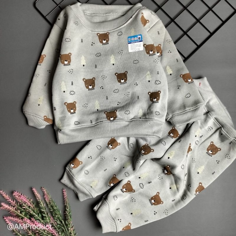 setelan sweater piyama bayi fleece 3-12 bulan motif bear mountain