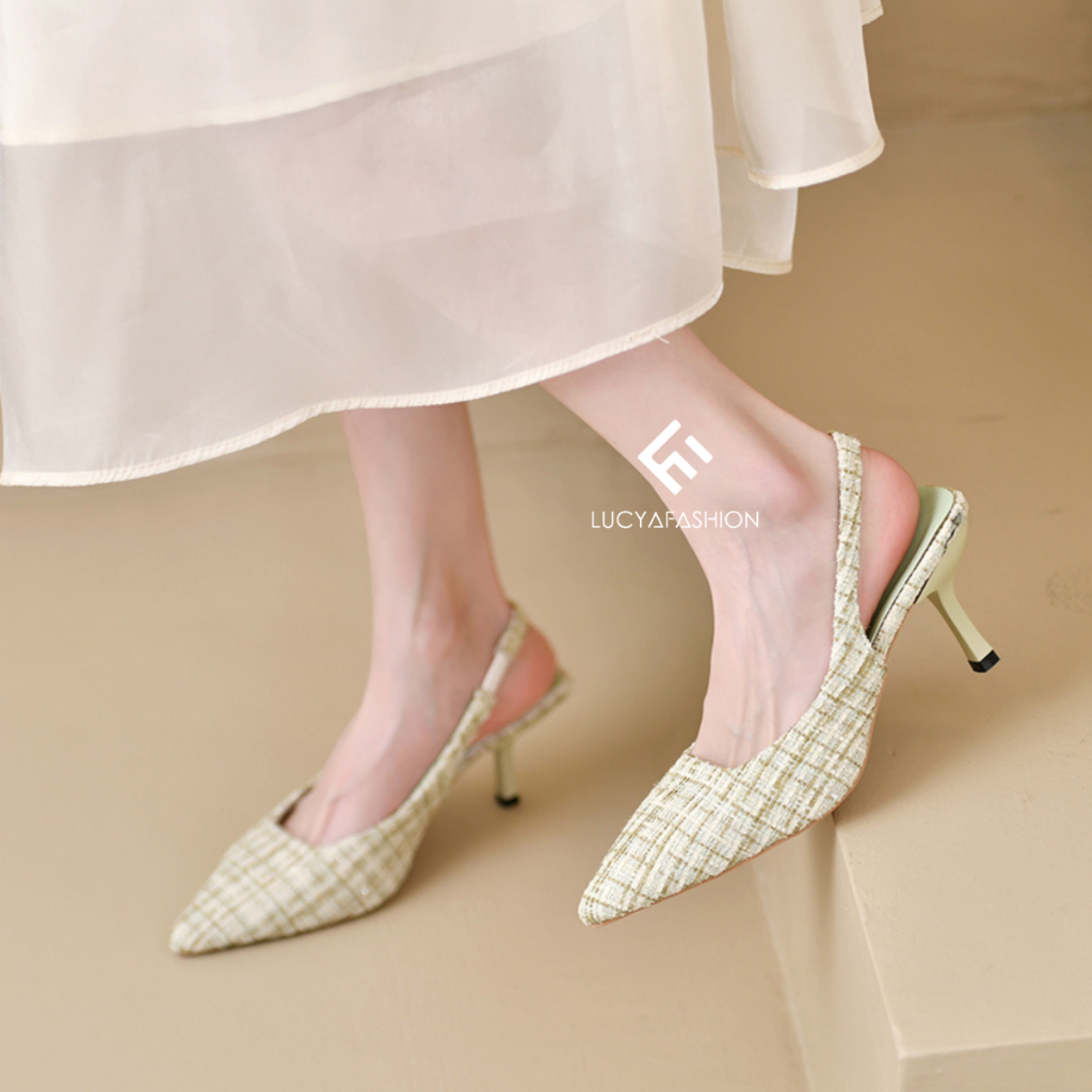 8283 Viral Tweed Heels Wanita Import Sandal Hak Tinggi Pesta Kekinian