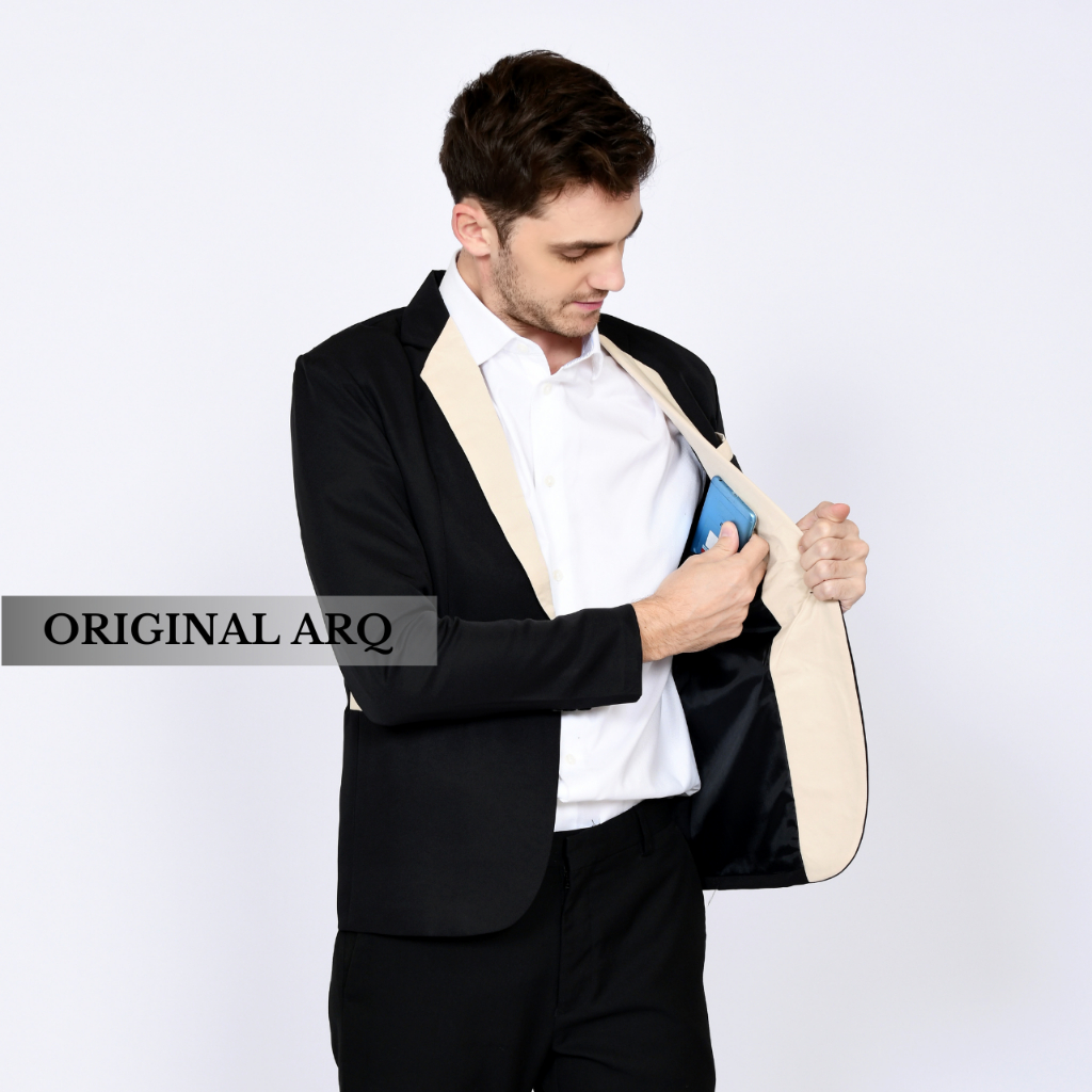 TERLARIS ! JAS BLAZER PRIA SLIMFIT FORMAL WARNA HITAM LIST CREAM BAHAN TEBAL PREMIUM ORIGINAL ARQ