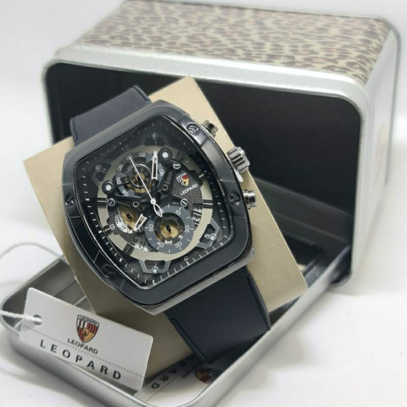 jam tangan pria LEOPARD LP-8802 Tali Rubber Black Chrono aktif Original