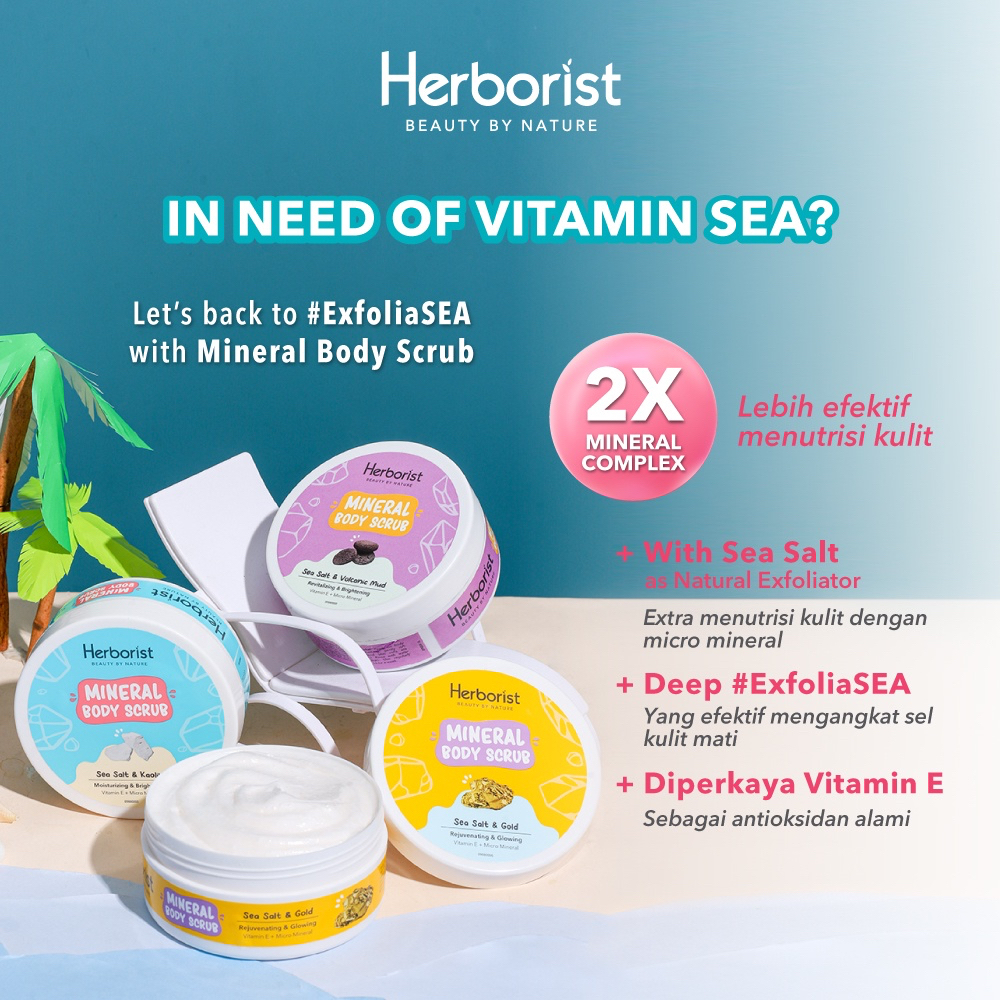 HERBORIST Mineral Body Scrub Sea Salt &amp; Gold Indonesia / 100g 200g / Rejuvenating &amp; Glowing Vit E &amp; C + Micro Mineral / Exfoliator Deep Cleansing / Exfo Exfoliasi Exfoliating Peeling Peel / Skincare Body Care Gel Lotion Kulit Tubuh / Kaolin Volcanic Mud