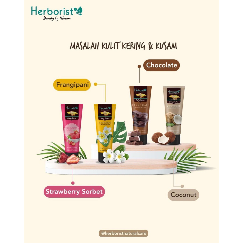 HERBORIST Body Butter Strawberry Sorbet Indonesia / 80g / With Shea Butter / Deep Moisturizing &amp; Brighten The Skin / Melembabkan Mencerahkan Menutrisi / Frangipani Chocolate Coconut Zaitun Matcha Milk Mango Banana / Skincare Care Lotion Gel Scrub Tubuh