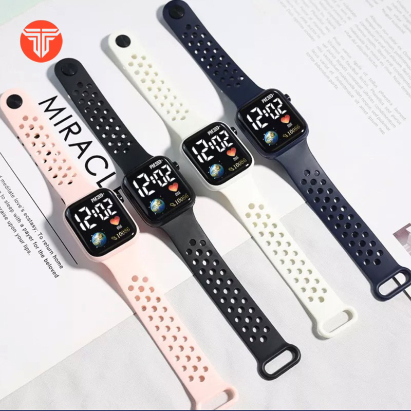 ELITEE Jam Tangan Digital LED JT281 Tali Satu Warna Rubber Kotak Unisex Watch Electronic Fashion Korean Style Persegi  Pria Wanita Couple Anak Remaja Import Jam Tangan Model Series 8