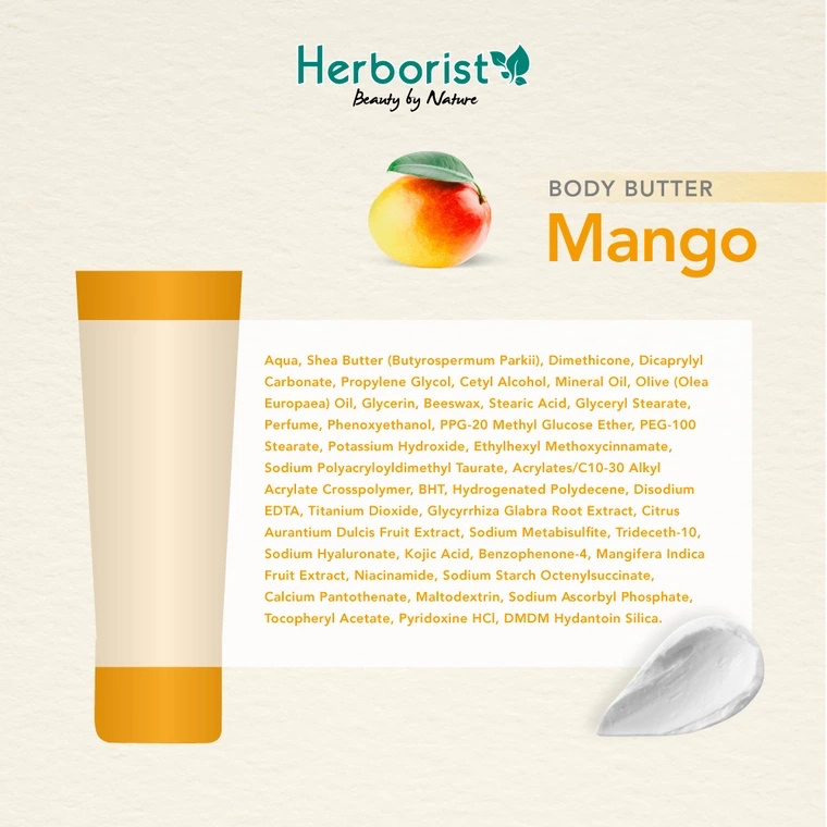 HERBORIST Body Butter Mango Indonesia / 80g /  Shea Butter / Deep Moisturizing &amp; Maintain Skin Elasticity / Melembabkan Mencerahkan Menutrisi / Strawberry Sorbet Frangipani Chocolate Coconut Zaitun Matcha Milk Banana / Skincare Care Lotion Gel Scrub Tubuh