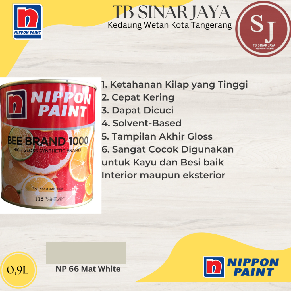 Cat Kayu dan Besi BEE BRAND 1000 Nippon Paint 0.9L - NP 66 Mat White