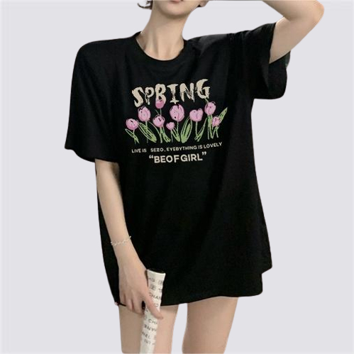 XIAOZHAINV Korean Style Tulip Pattern Printing Kaos Wanita A0019