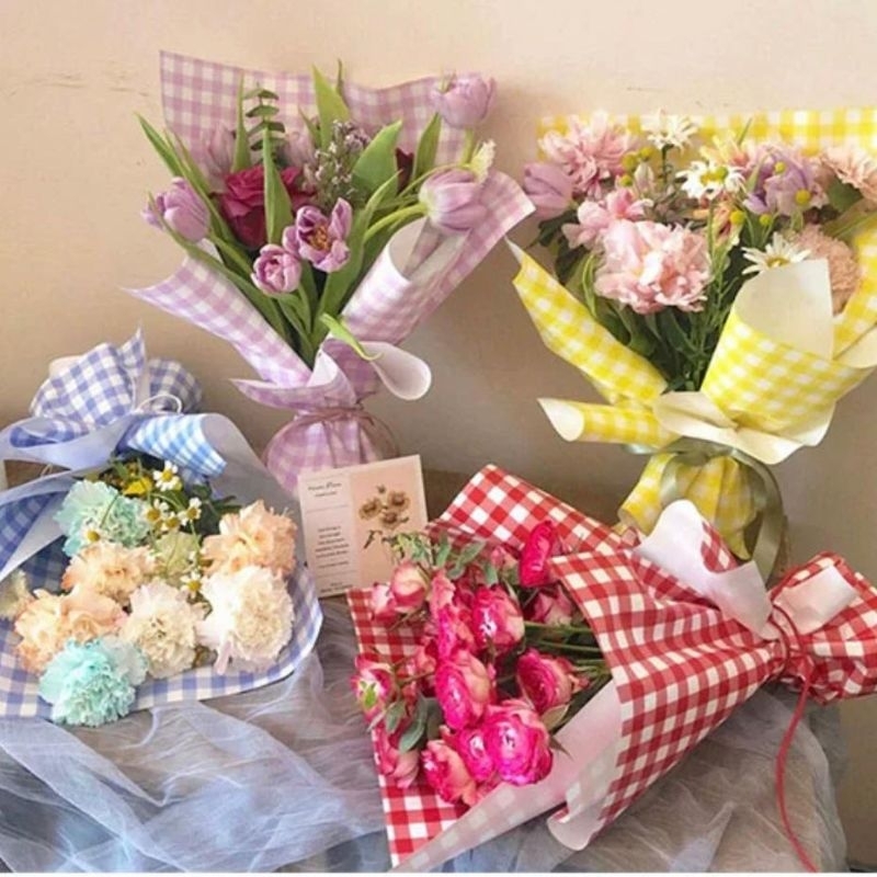 

W11 Kertas Wrap Buket Bunga Florist Kotak checkered korea Cellophane Floral Wrapping Bunga