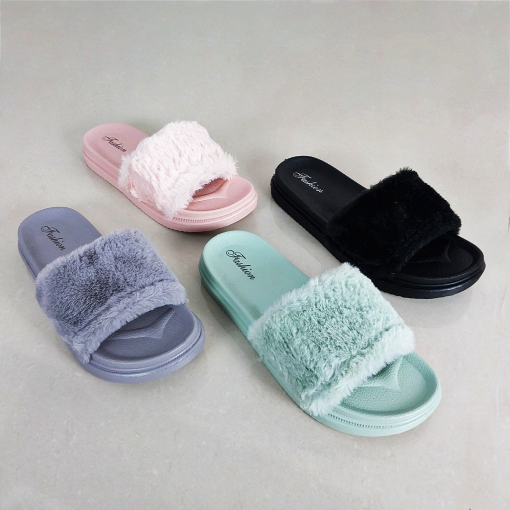 Sandal Wanita Slop Bulu Sandal Jalan Wanita Kekinian Sandal Slop Cewek Fashion Korea Sendal Slip On Perempuan Import SPT-52