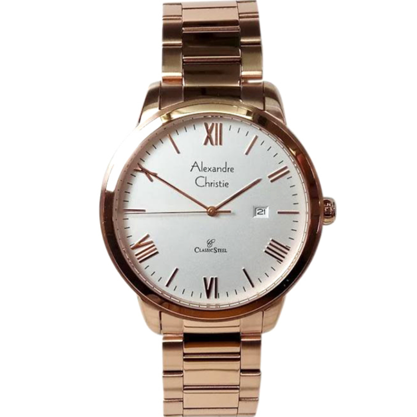 JAM TANGAN PRIA ALEXANDRE CHRISTIE AC8567 AC 8567 MDBRGSL ROSEGOLD SILVER ANALOG STAINLESS STRAP