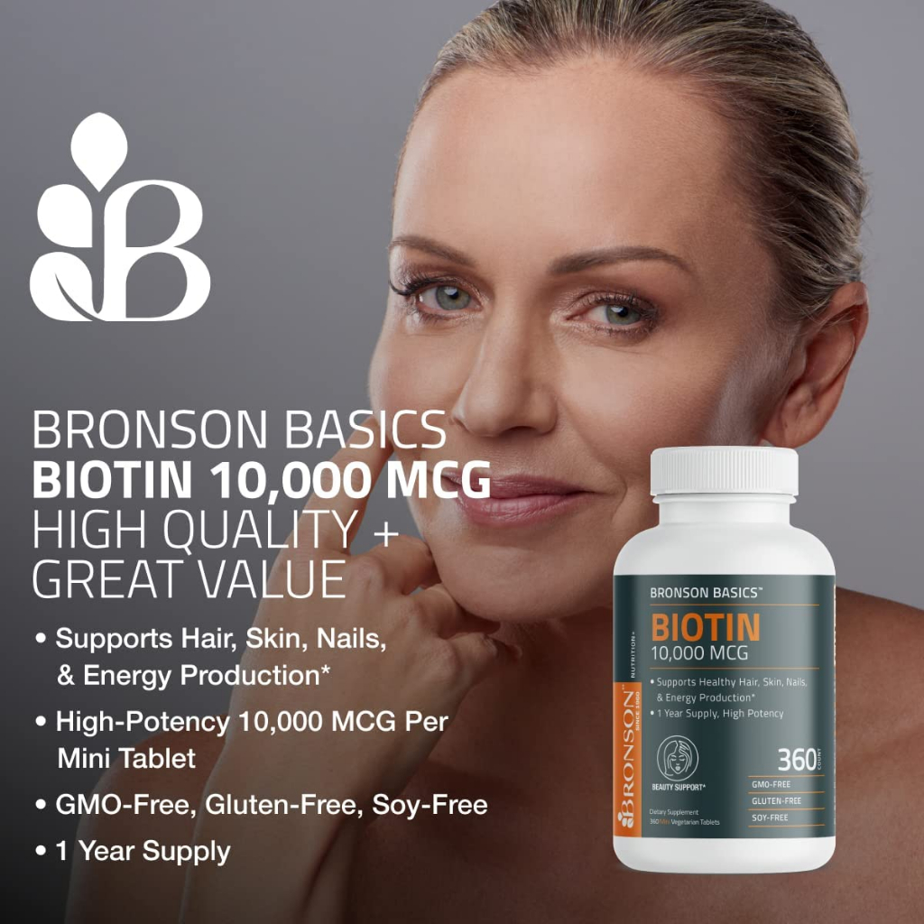 Bronson Basics Biotin 10,000mcg Hair Skin Nail 360 Vegetarian Tablets