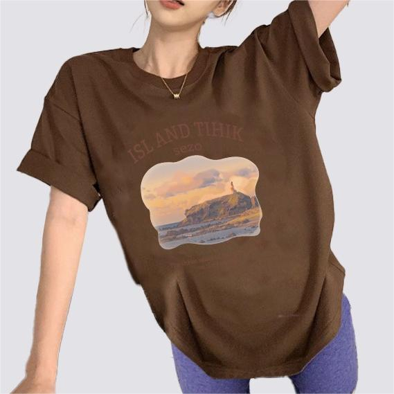 XIAOZHAINV Kaos Atasan Wanita Landscape Pattern Lengan Pendek A0320