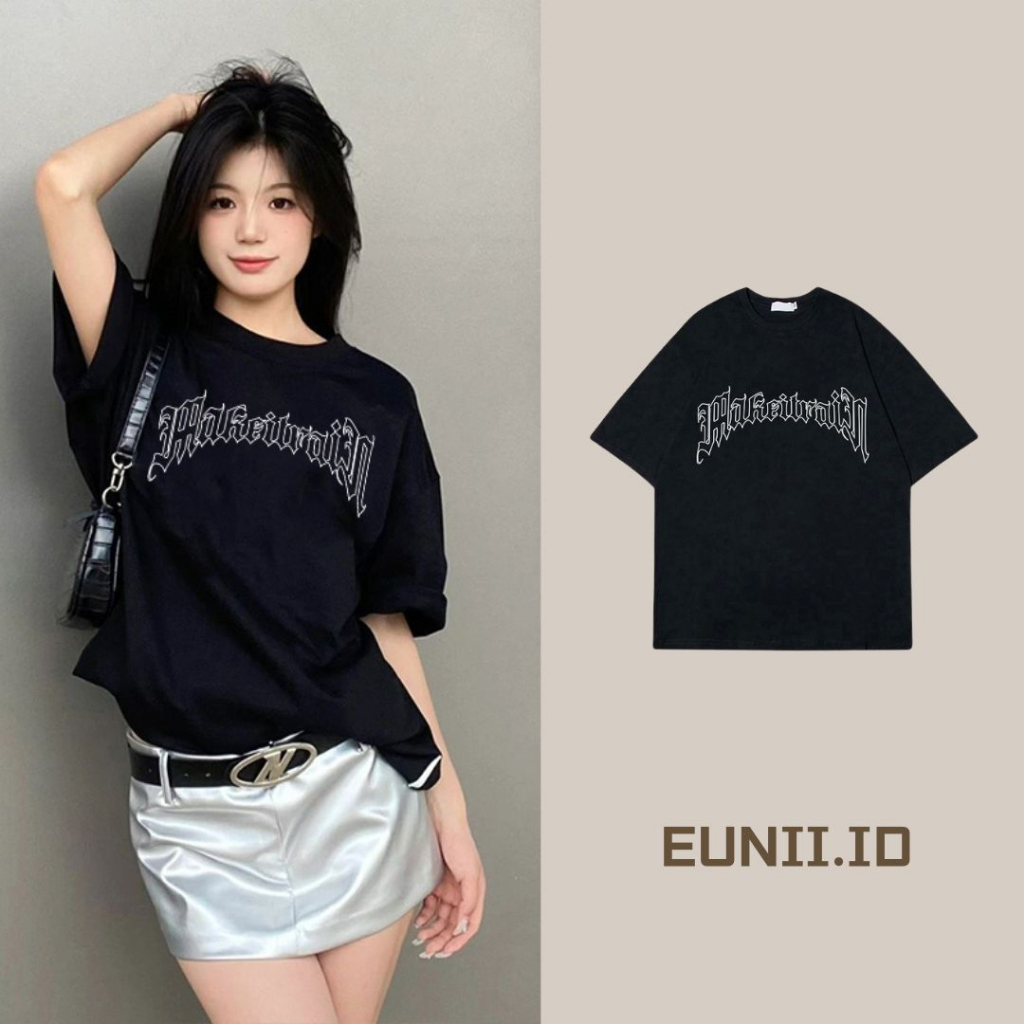 EUNII T-shirt Lengan Pendek Vintage Putih English Design Painting Printing Korean Style/Kaos Atasan Wanita/Baju Wanita/Kaos Wanita