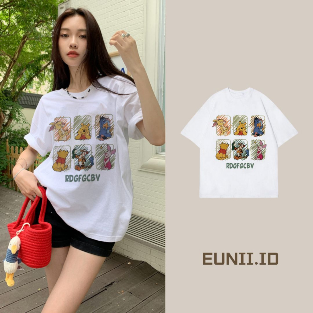 EUNII T-shirt Lengan Pendek Cartoon Winnie The Pooh Printing Korean Style/Kaos Atasan Wanita/Baju Wanita/Kaos Wanita