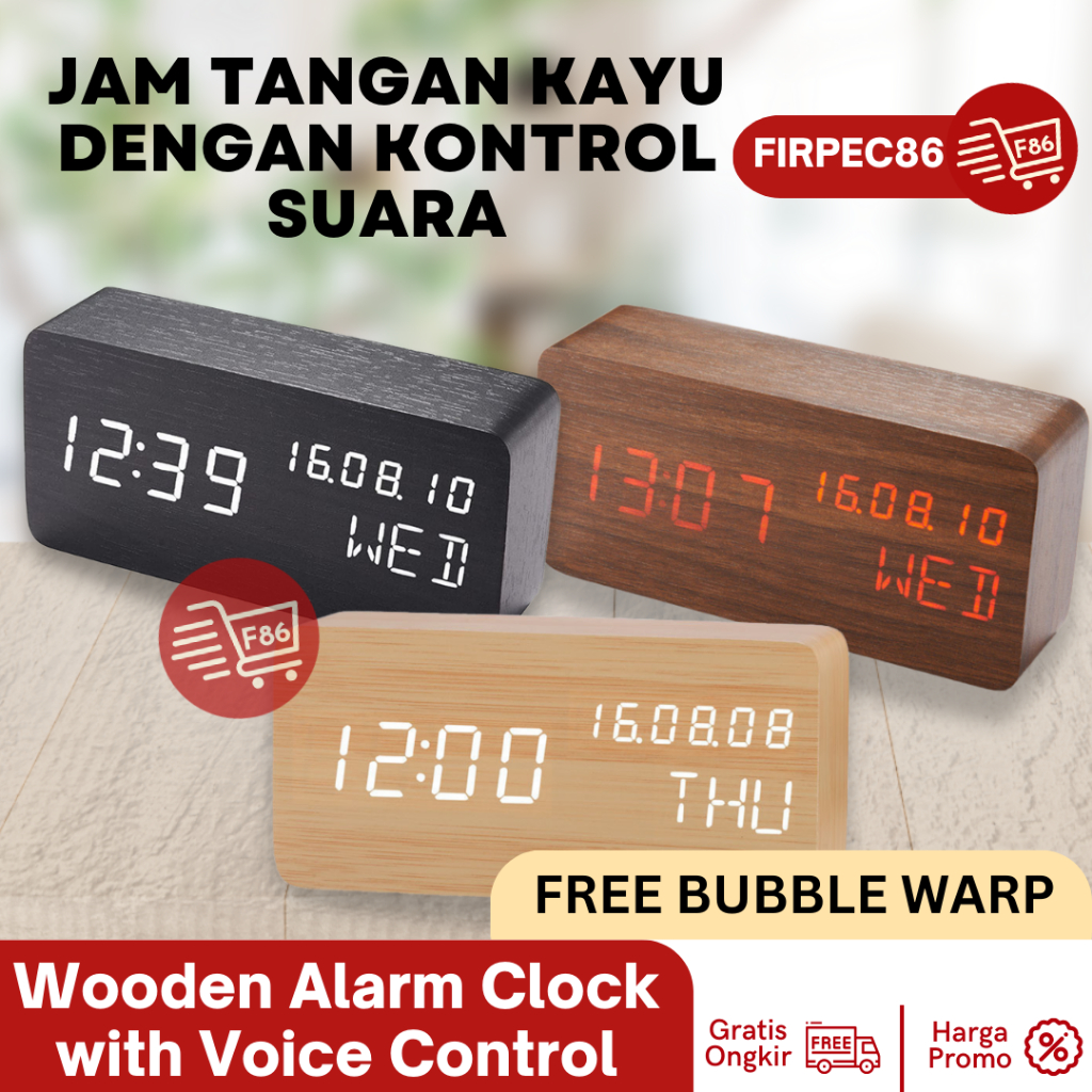 Jam Meja Digital Weker Alarm Suhu Tanggal Motif Kayu Voice Control