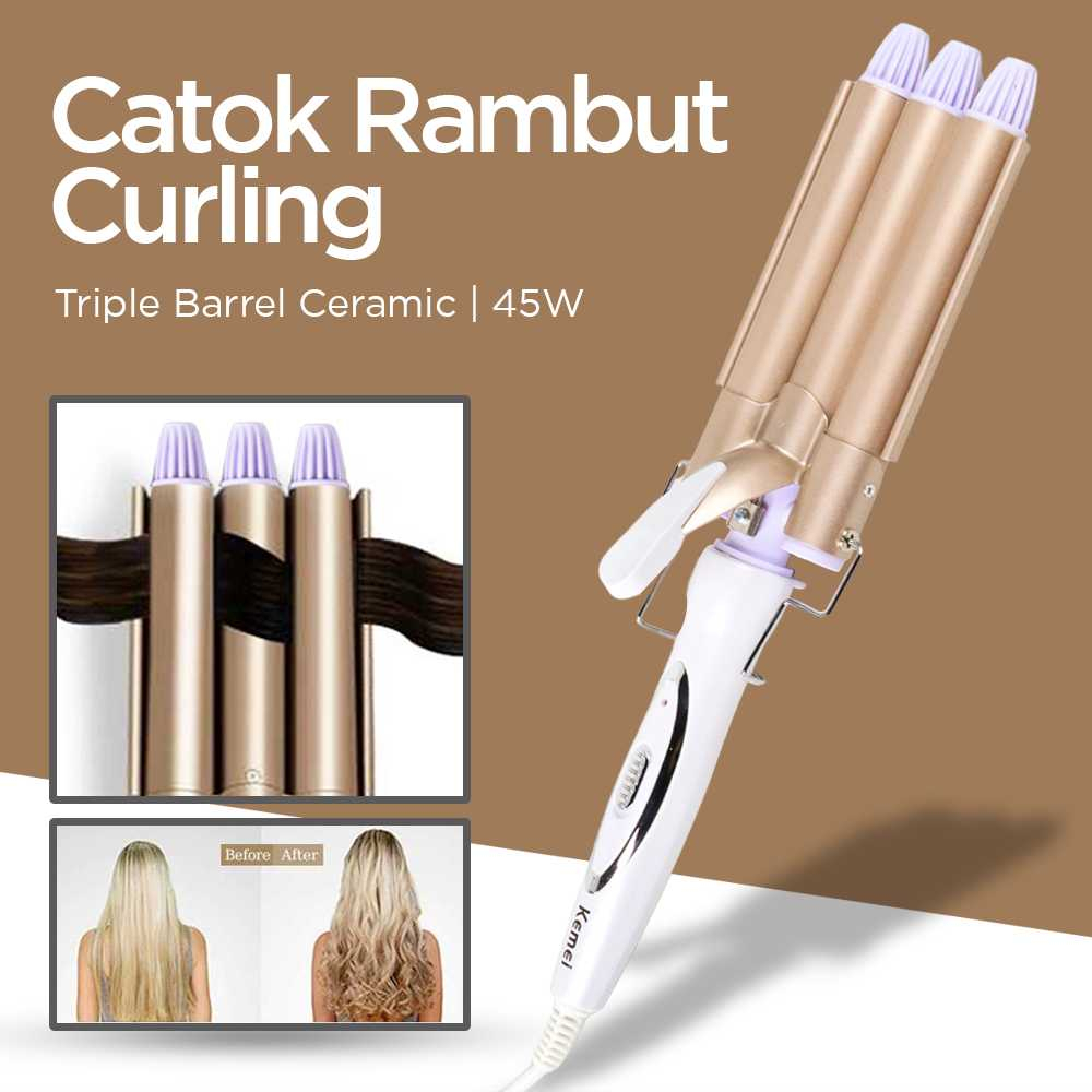 Catok Rambut Curling Triple Barrel Ceramic 45W Catokan Rambut Model Keriting Gelombang Desain Minimalis Berkualitas