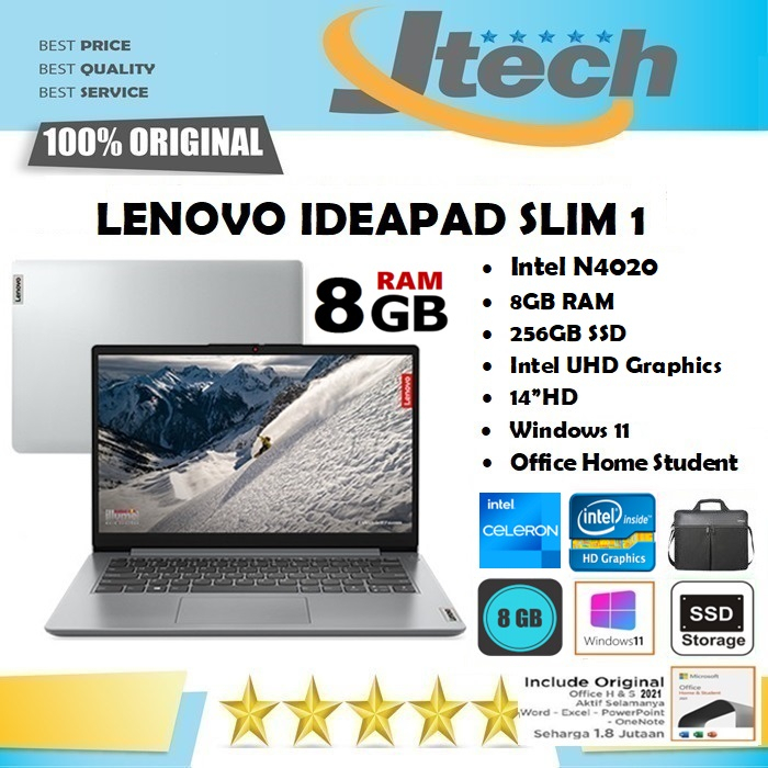 LENOVO Ideapad Slim 1 - N4020 - 8GB - 256GB SSD - Intel UHD Graphics - 14&quot;HD - Win11 - OHS