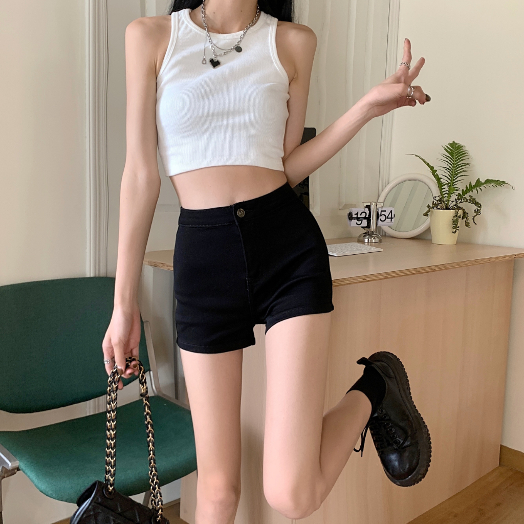 Hitam Highwaist Seksi Celana Pendek Jeans Wanita Stretch Celana Hot Pants Korea Style