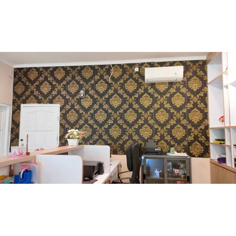 wallpaper dinding, stiker 3d foam batik gold hitam