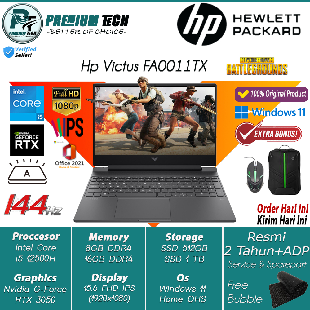 Laptop Gaming HP Victus 15 FA0011TX Intel i5 12500H Ram 16GB 512GB SSD FHD IPS Nvidia RTX3050 144Hz Windows 11 Resmi