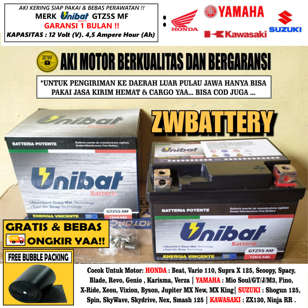 Aki Motor Xeon, Jupiter MX New, MX King, R15, Xabre, Fino, Byson GTZ5S UNIBAT MF