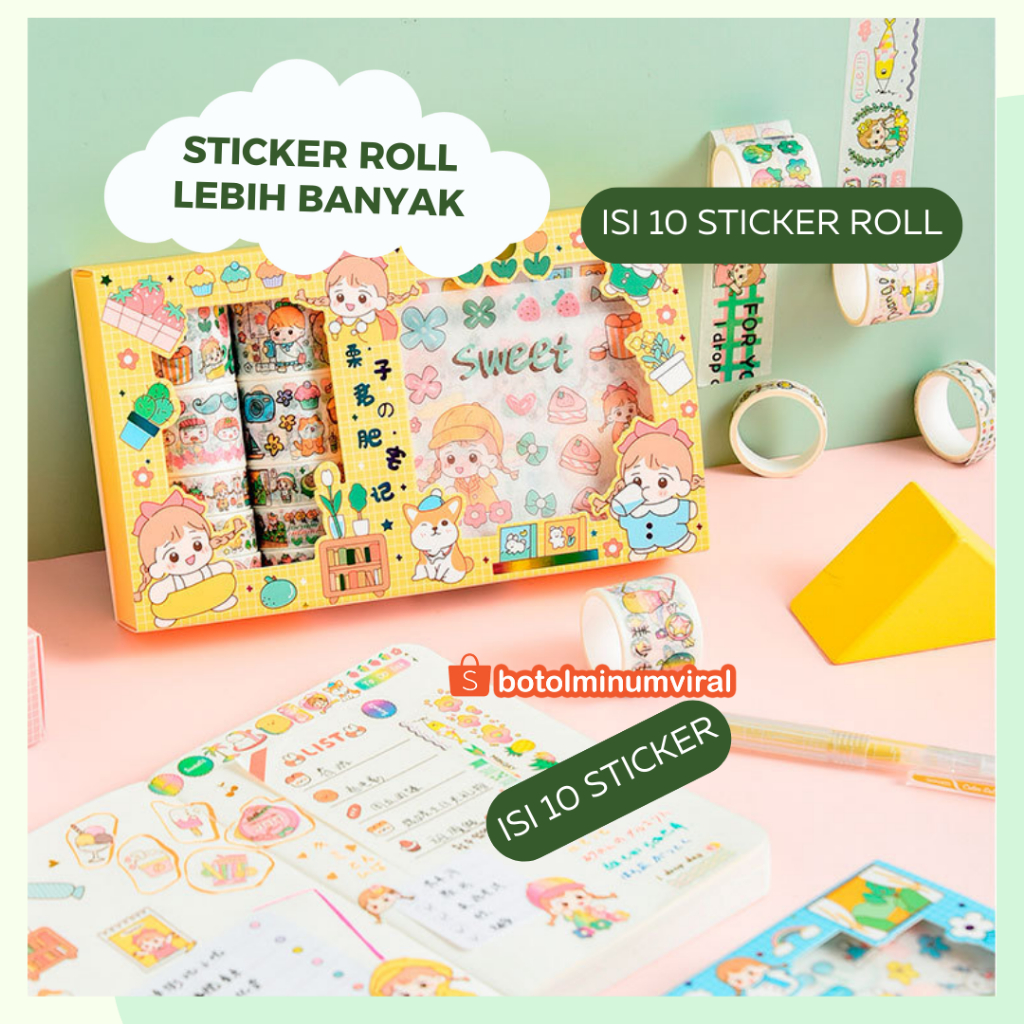 Washi Tape Sticker Momo Roll Set Box Aesthetic Korea Cute Stiker Viral