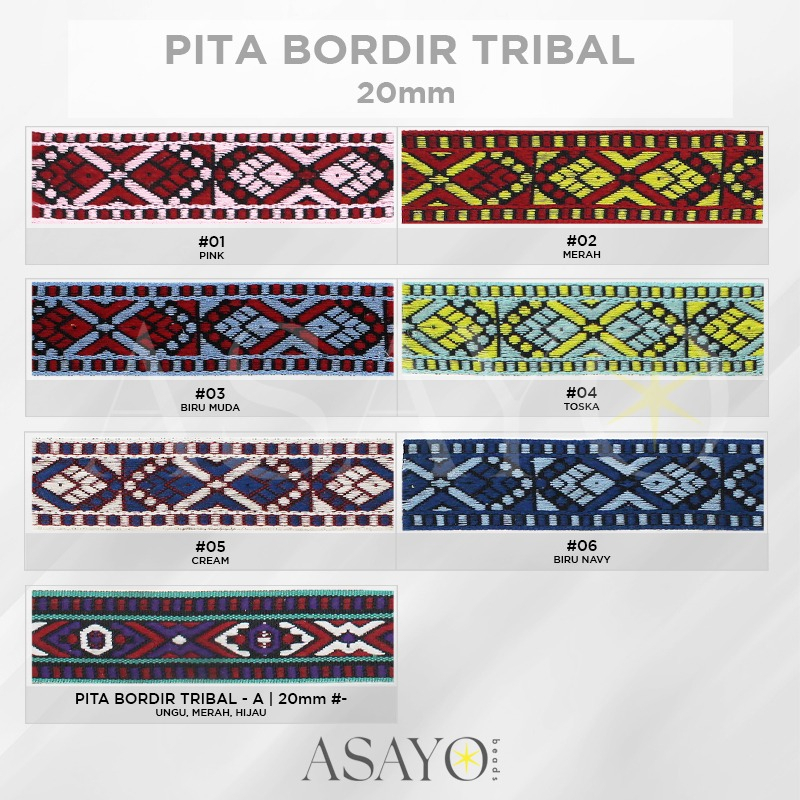 Renda Pita Bordir Tribal / Etnik 20mm 21Yard Merah Pink Biru (Roll)