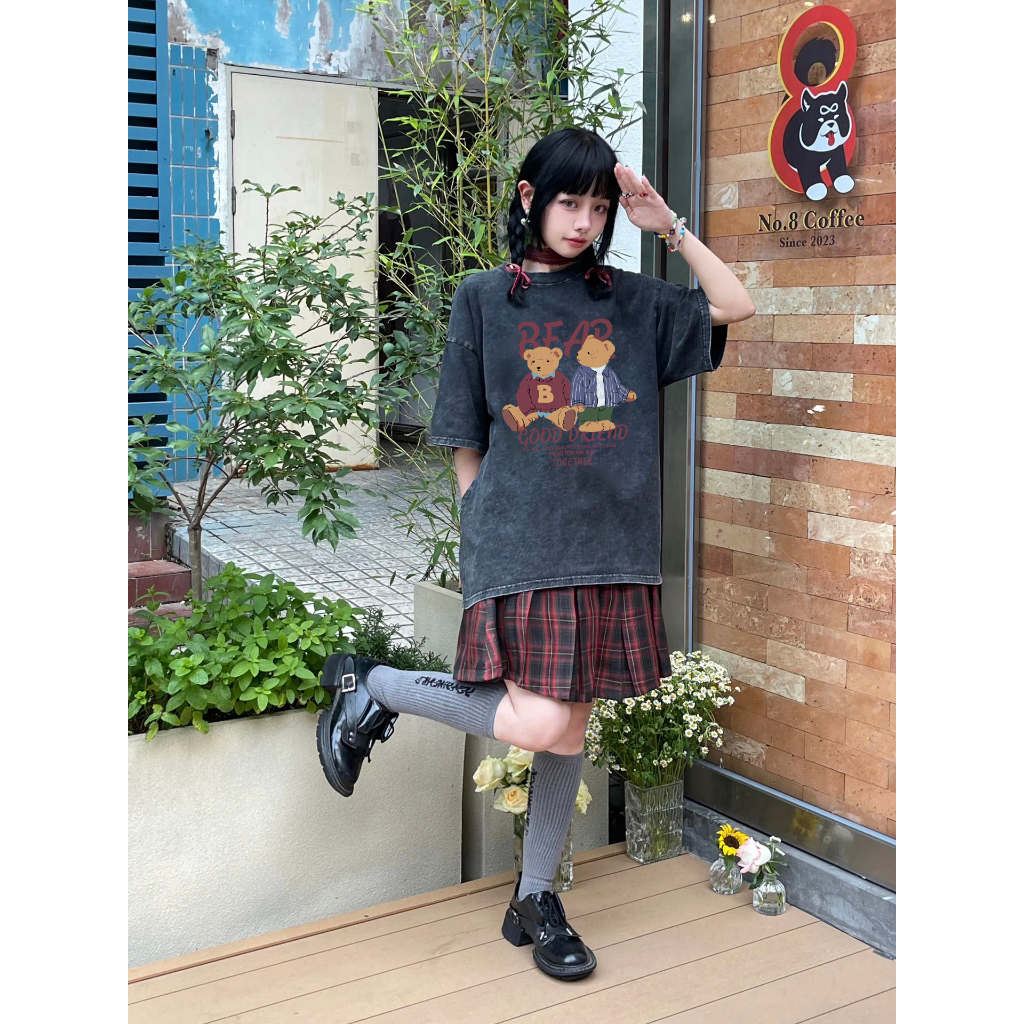 EUNII T-shirt Lengan Pendek Black Washed Cartoon Plush Bear Korean Style/Kaos Atasan Wanita/Baju Wanita/Kaos Wanita