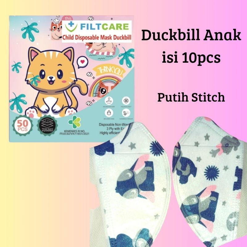 MASKER DUCKBILL ANAK ONCARE MOTIF PUTIH STITCH ISI 10PCS 3-10TAHUN