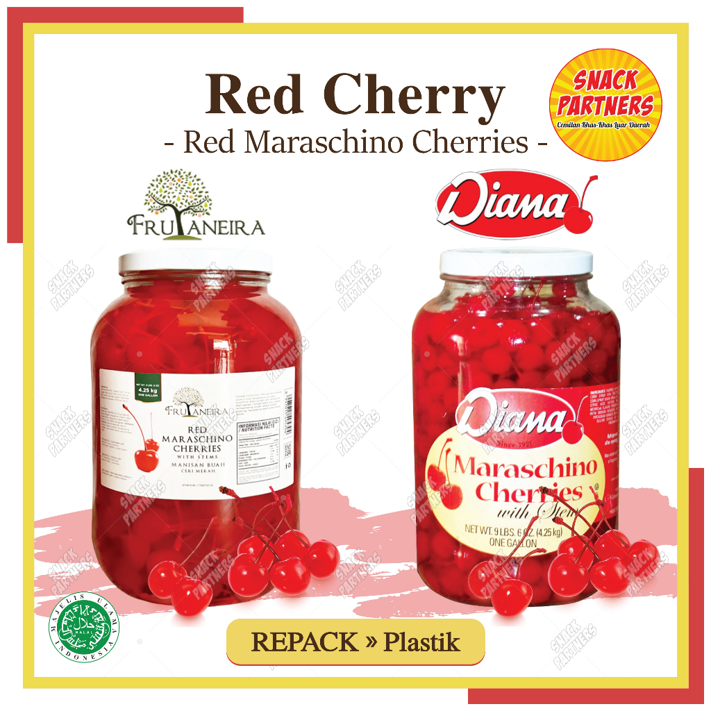

FRUTANEIRA / DIANA Red Maraschino Cherries REPACK Plastik 5 10 25 pcs - Buah Cherry Tangkai Merah 380 GR /4,25 KG Botol Kaca Ceri - Red Candied in Water With Steam - Topping Makanan, Kue Tart Cake Blackforest Smoothies Ice Cream