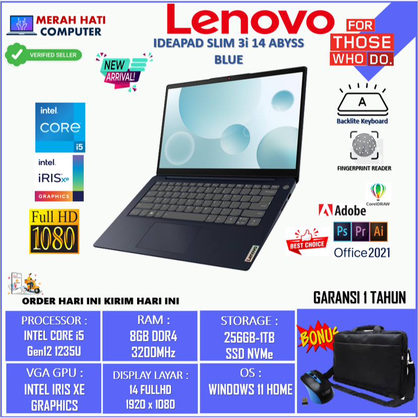 LAPTOP LENOVO IDEAPAD SLIM 3I 14 INTEL I5 1235U 8GB 1TB IRIS XE FHD BACKLITE FINGERPRINT WIN11HOME ABYSS BLUE ORIGINAL TERLARIS