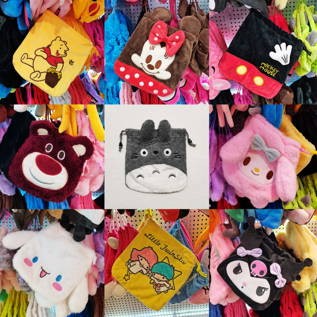 Pouch serut bulu Lotso Pooh Mickey Minnie Totoro Cinnamoroll