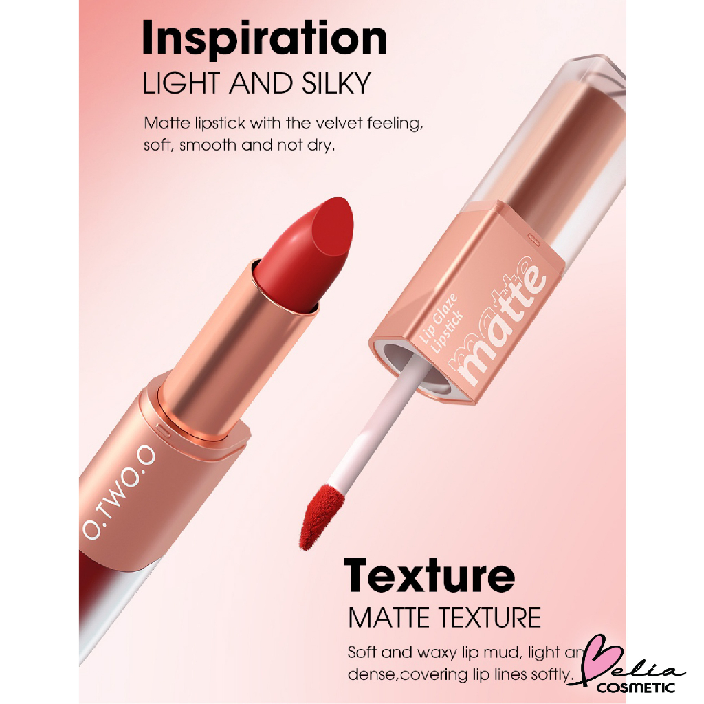 ❤ BELIA ❤ O.TWO.O 2in1 Splendid Matte Double-ended Lip Glaze and Lipstick | Lipstick Intense Color Dual-Stick 2 In 1 Liquid Matte Misty Velvet Lip Tint High Pigment Lasting Non-cracking