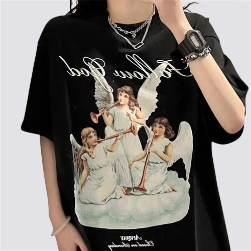 XIAOZHAINV Kaos Atasan Wanita Angel Pattern Lengan Pendek A0383