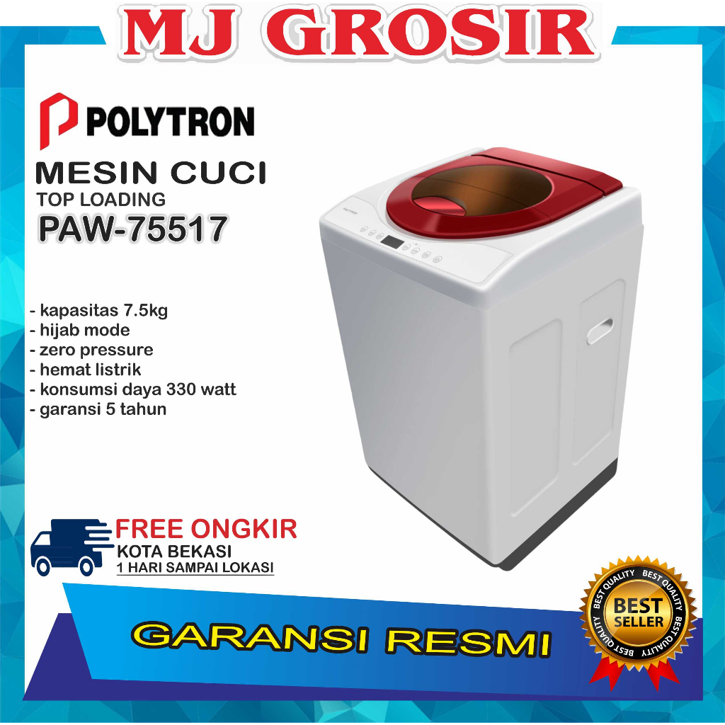 MESIN CUCI 1 TABUNG POLYTRON PAW 75517 TOP LOADING 7.5 KG ZEROMATIC
