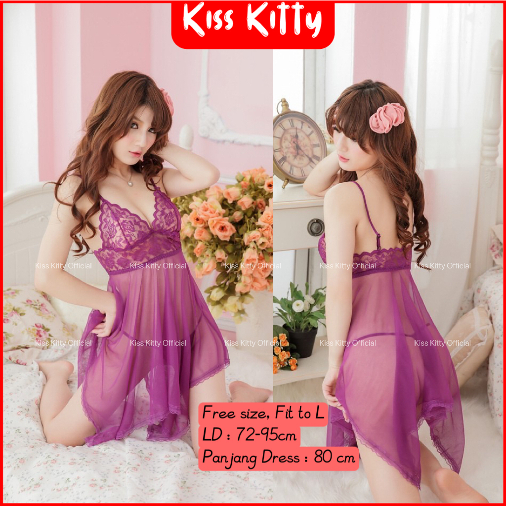 Set Lingerie pakaian dalam wanita malam hari transparan bahan lace