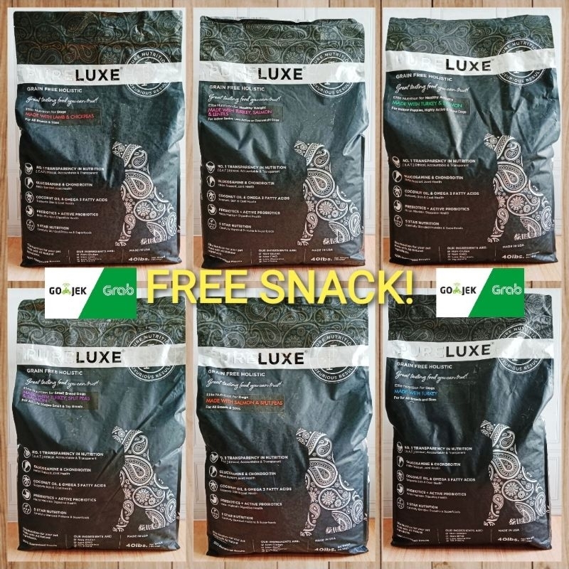 GOJEK GRAB Pureluxe Puppy Senior Adult 18,14 kg Salmon Lamb Turkey 40 lbs