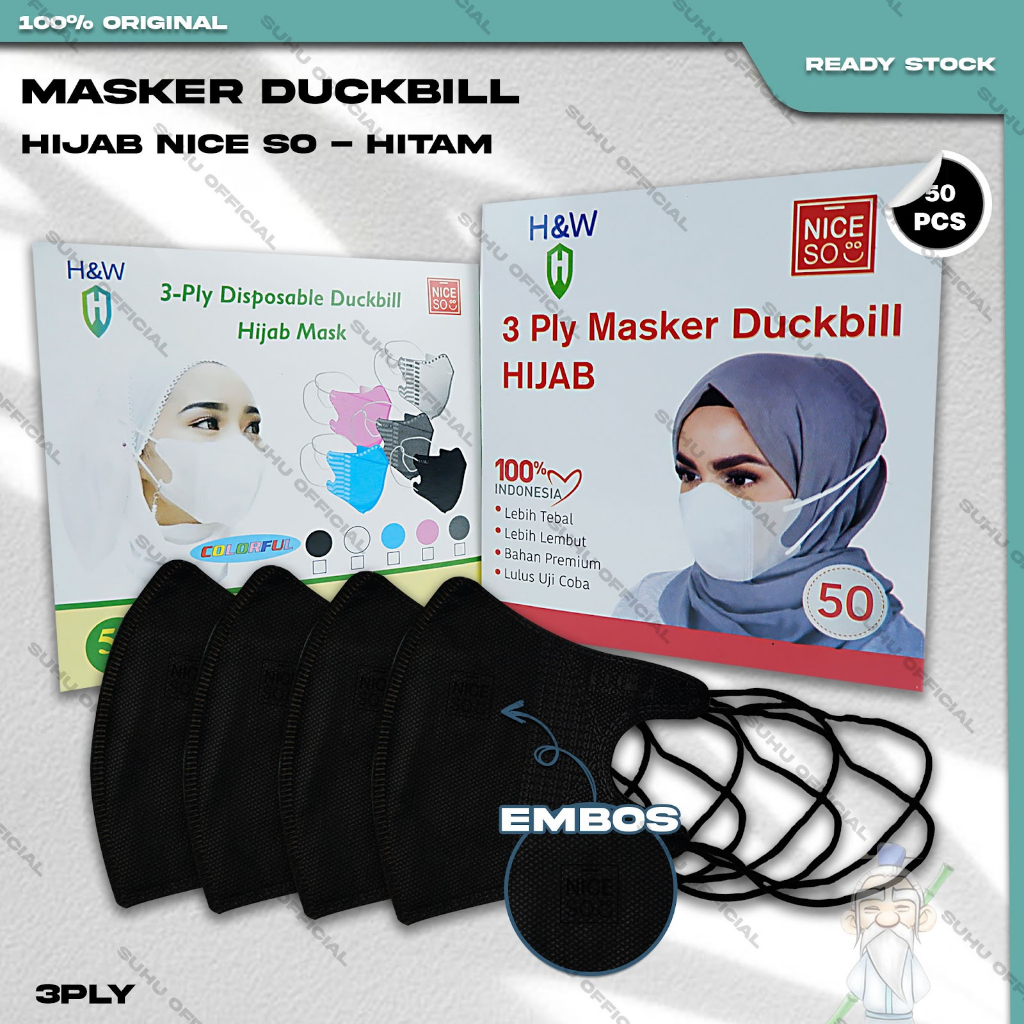 ❤️ SUHU ❤️ Masker Duckbil Hijab 3Ply Isi 50Pcs Hitam Duckbill Headloop Surgical Mask Kemenkes