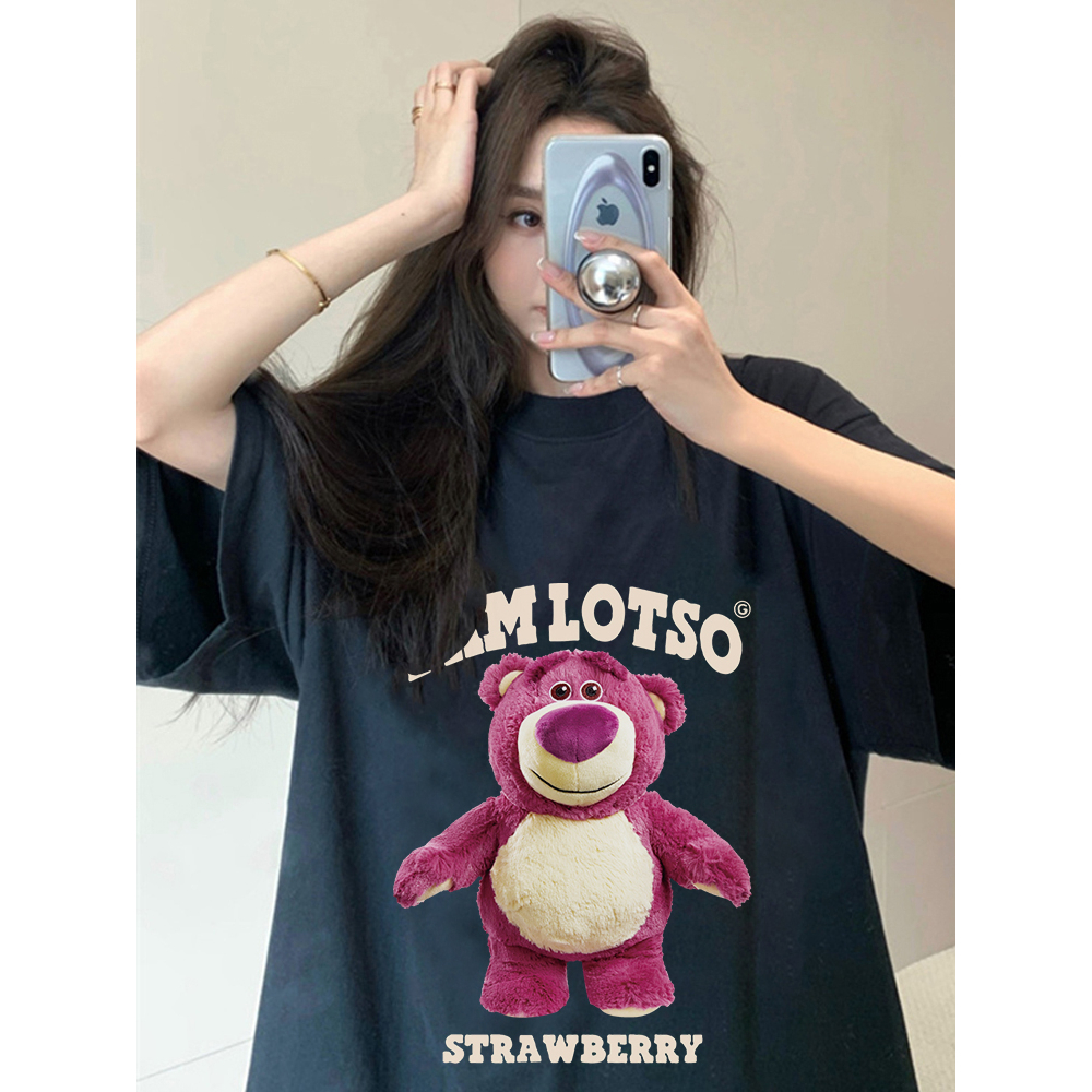 kaos atasan wanita korean style lengan pendek oversize Cute Bear graphic printing retro kaos hitam