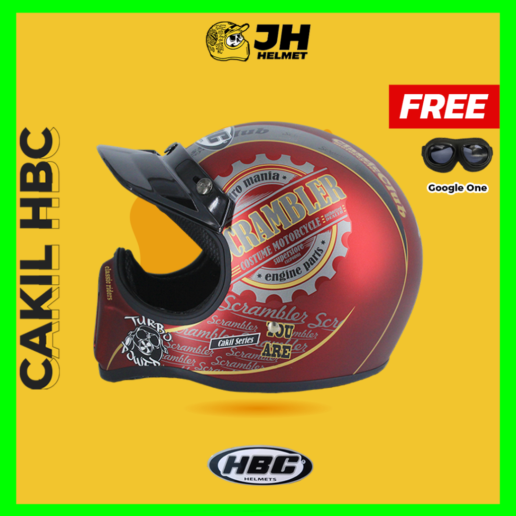 Helm Cakil HBC Scrambler Maroon Doff + FREE GOGGLE | Retro Full Face | JUAL HELM