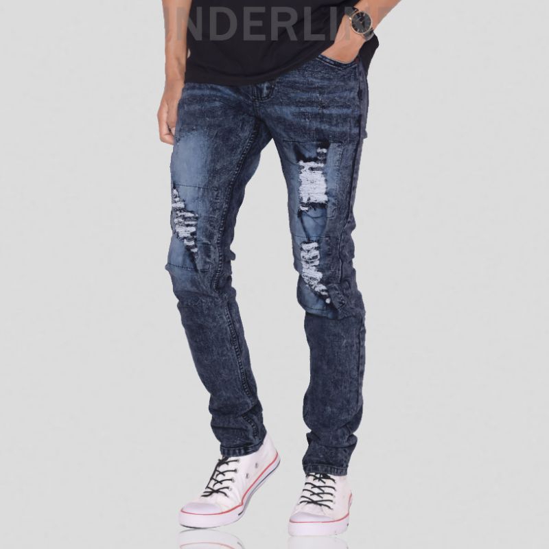 Celana Jeans Sobek Tidak Tembus Lutut pria Ripped robek panjang distro bikers model pensil slimfit cowok skinny stretch denim dewasa murah premium remaja standart