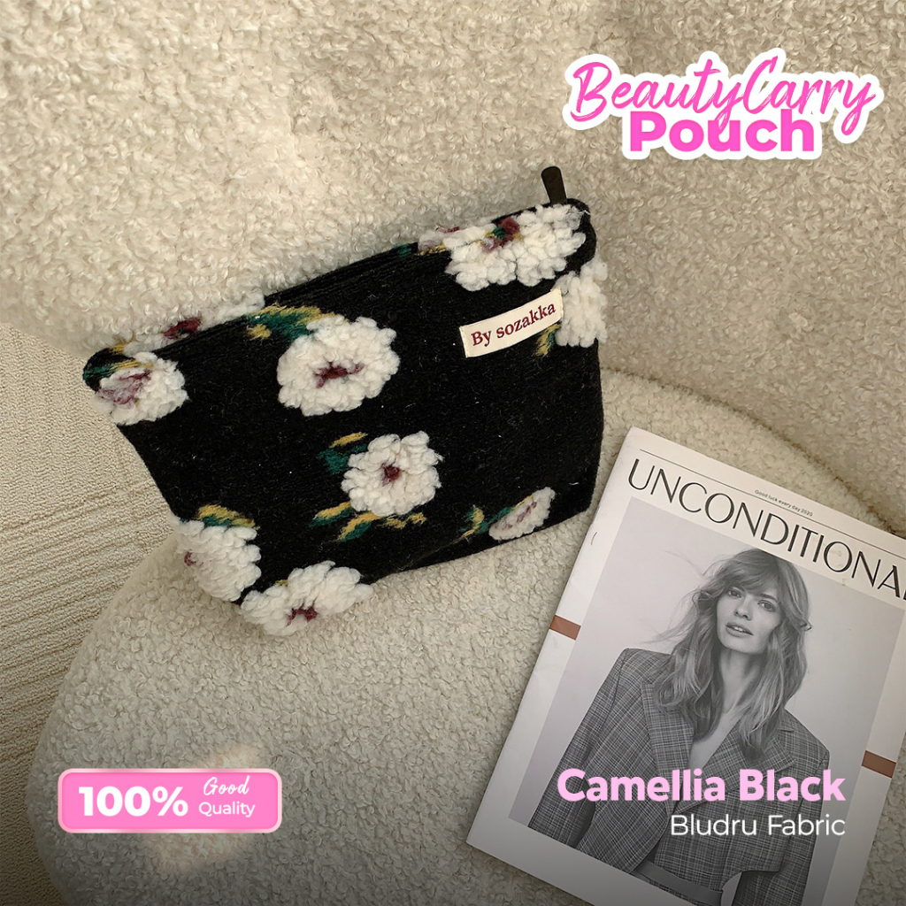 Secret Lashes Camellia Black Pouch Make Up Aesthetic Tas Kosmetik Travel Besar Bag Wadah Bedak Tempa